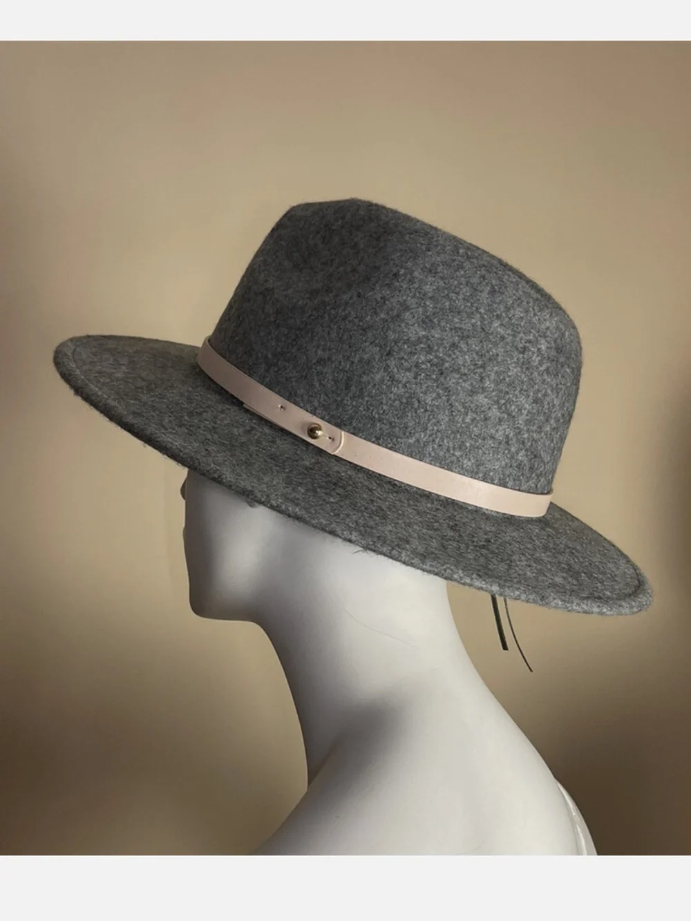 free people OS Gray Tan Leather Trim Wool Wide Brim Fedora Hat